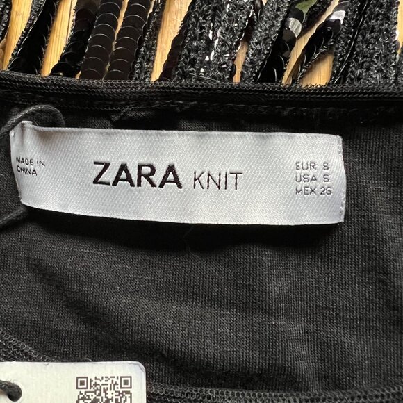 Zara Knit Size S Black Round Neck Short Sleeve Sequin Fringe Hem Top NWT - Picture 10 of 16